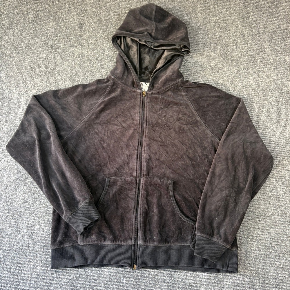 NYL New York Laundry Black Velour Full Zip Hoodie Satin Lined Large Y2K Style